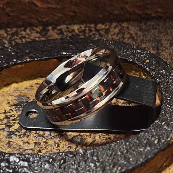 Men's Carbon Fiber Promise Ring - Red Black Carbon Fiber Promise Ring for Guys - Picture 2 of 8